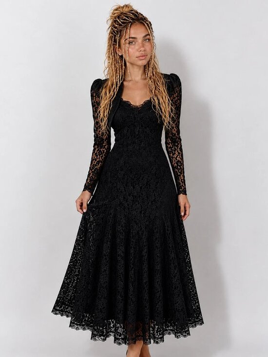 Gunne Sax Dresses & Skirts - Vintage Gunne Sax Dress Black Lace Midi & Lace Bolero Shrug Romantic Gothic